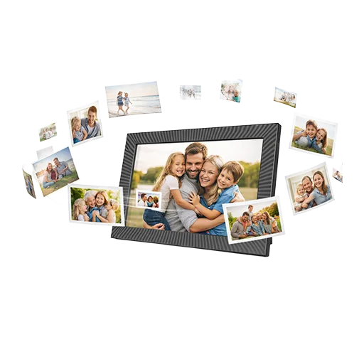 MemFrame digitaler Bilderrahmen mit Familienfoto, umgeben von Fotos, die per App gesendet werden