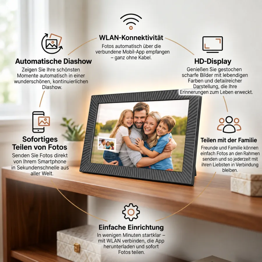 MemFrame Bilderrahmen auf einem Regal, mit den Funktionen WLAN, automatische Diashow, Teilen mit der Familie und einfache Einrichtung